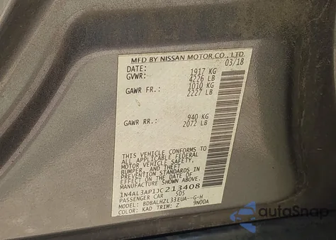 2018 Nissan Altima 2.5 Sr z USA, uszkodzony, nr VIN 1N4AL3AP1JC213408